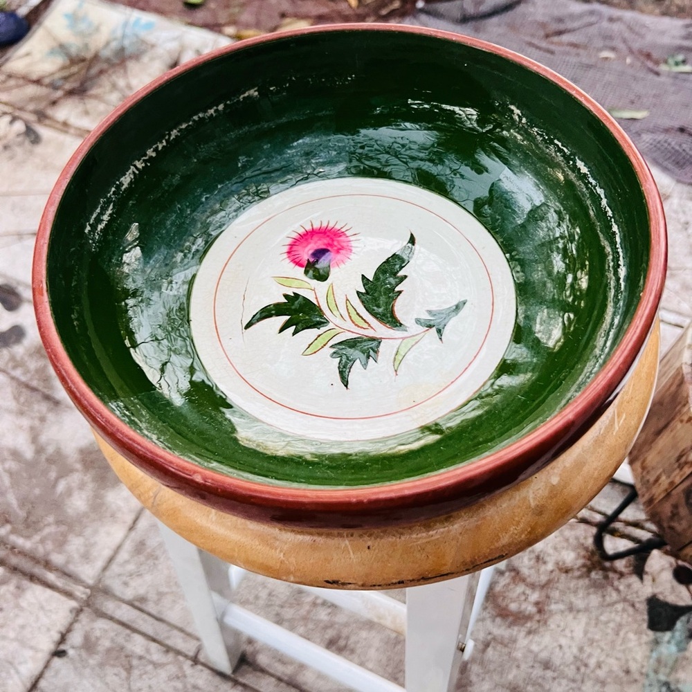Vintage Stangl Green and Pink Floral Ceramic Bowl 11” read below